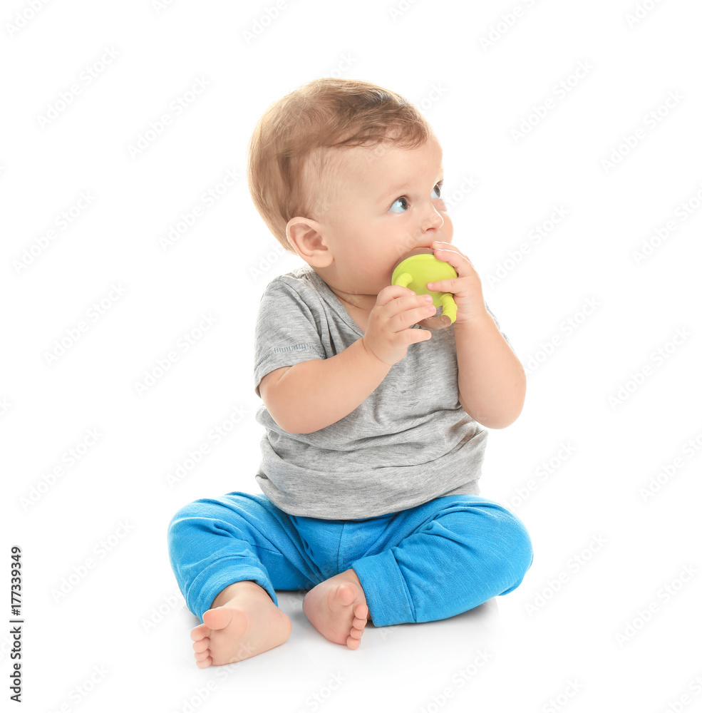 Adorable little baby with nibbler on white background Adorable little baby with nibbler on white background