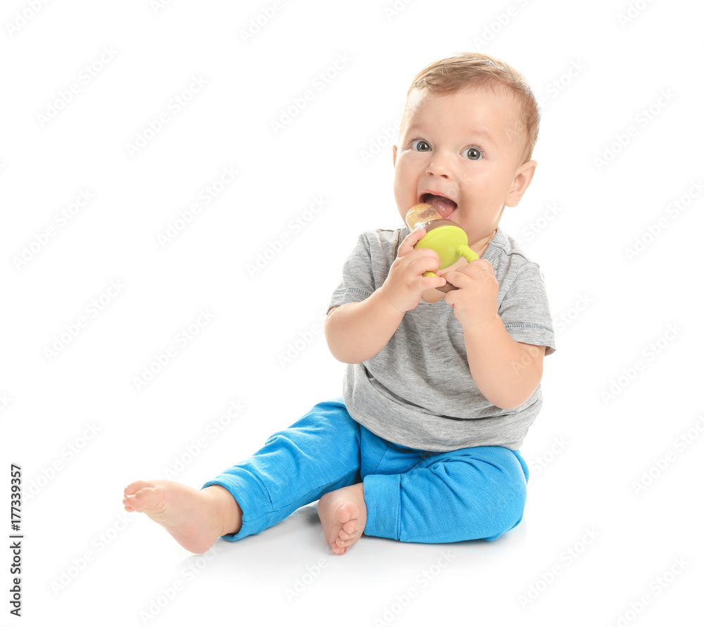 Adorable little baby with nibbler on white background Adorable little baby with nibbler on white background