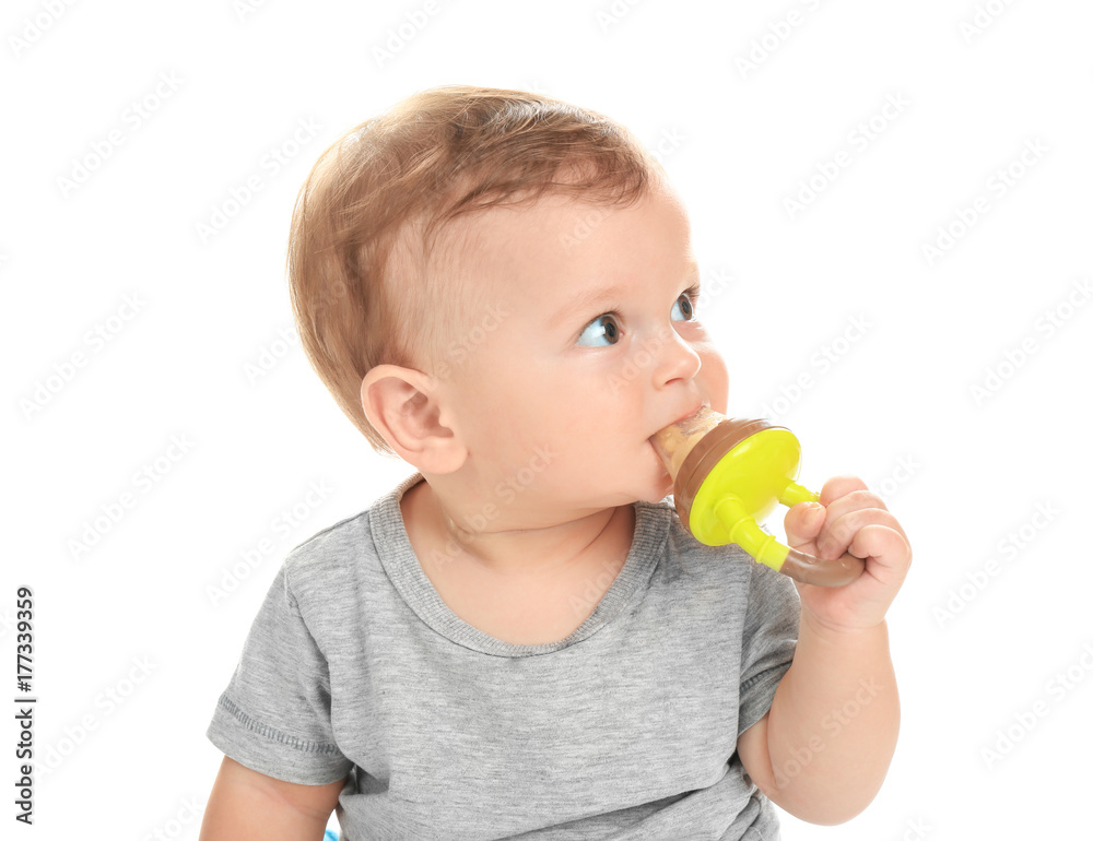 Adorable little baby with nibbler on white background Adorable little baby with nibbler on white background