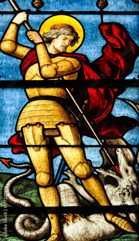 Iglesia de San Severin, San Jorge matando al dragón, vidrieras góticas, París, Francia