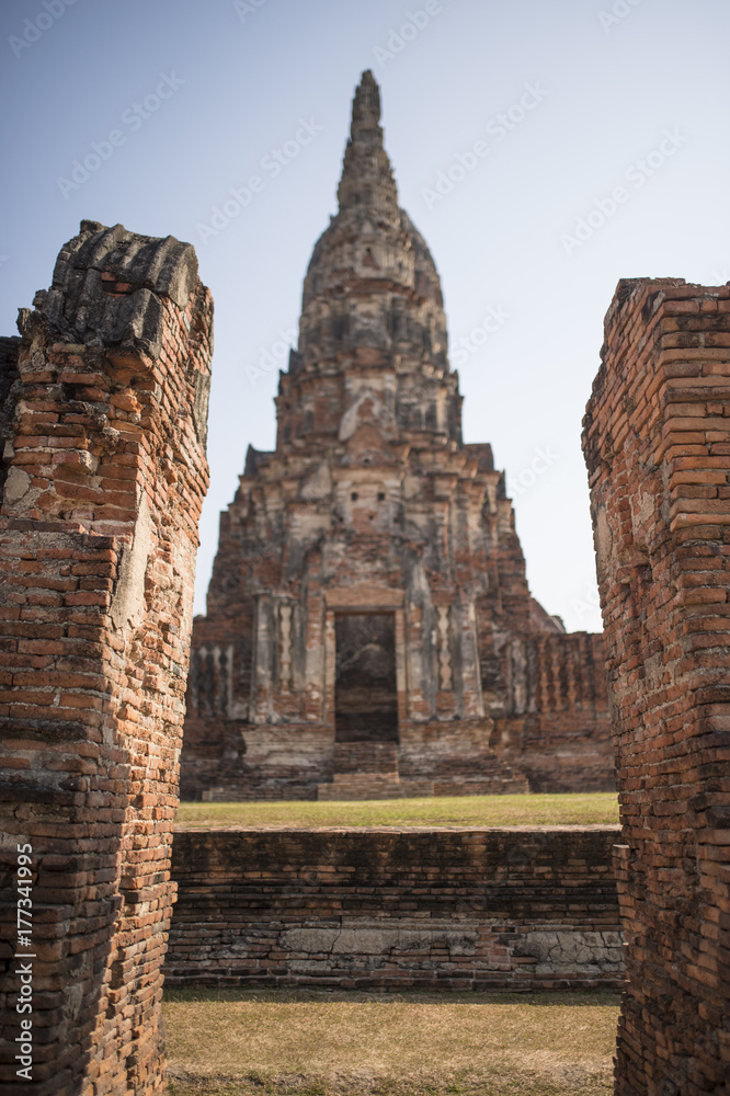 (Selective Focus) Wat Chaiwatthanaram complex in Ayutthaya city, Thailand.