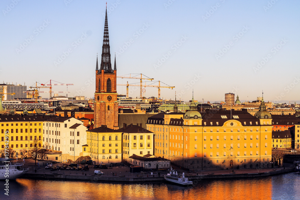 Riddarholmen Church (Stockholm) - view of the old city at sunset Riddarholmen Church (Stockholm) - view of the old city at sunset