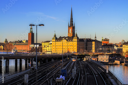 The center of Stockholm at sunset overlooking the subway rails