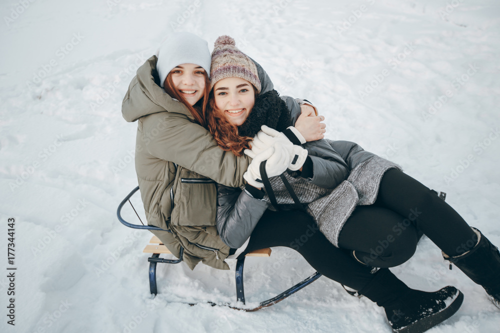 Fototapeta premium girl with sledge