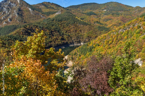 Autumn Panoramic view of Tsankov kamak Reservoir  Smolyan Region  Bulgaria