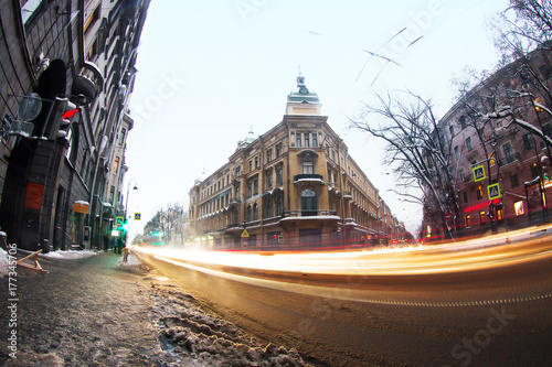 St. Petersburg, December 15, 2016: Old Town in winter and car headlights