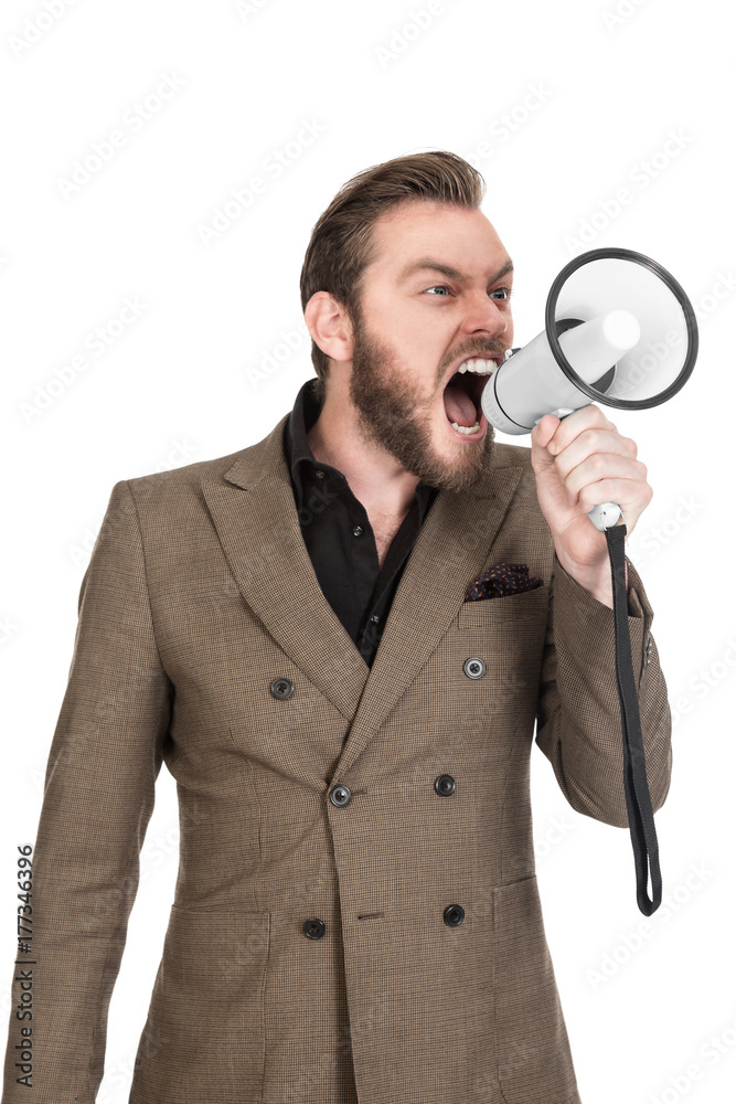Furious screaming businessman with a megaphone speaker wearing a brown suit and shirt. White background. Furious screaming businessman with a megaphone speaker wearing a brown suit and shirt. White background.