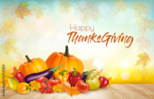 Happy Thanksgiving Background with colorful fruit and vegetables. Vector.
