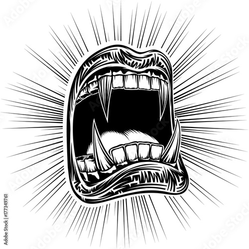 Open mouth with fangs of a toothy vampire on a Halloween. Disclosed jaws with sharp teeth. Vector hand drawing illustration of a tattoo in black ink retro vintage graphic style for a stamping print