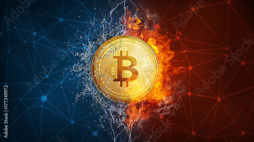 Golden bitcoin coin in fire flame, water splashes and lightning. Bitcoin Gold blockchain hard fork concept. Cryptocurrency symbol in storm illustration with peer to peer network background. photo