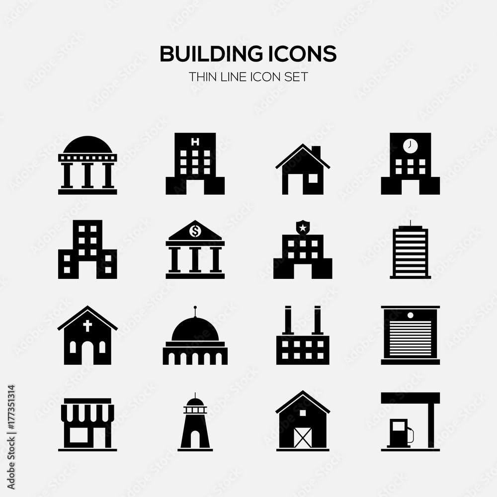 Building and real estate icon set black and white