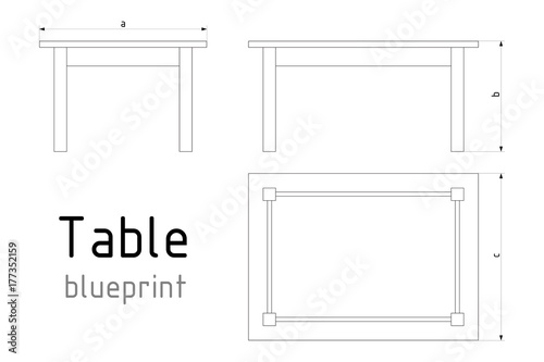Table furniture wireframe blueprint with dimensions. Linear outline pedestal vector illustration.