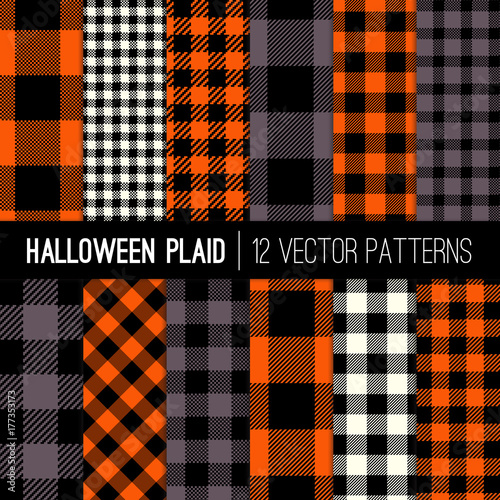 Halloween Plaid and Buffalo Check Seamless Vector Patterns. Orange, Black, White and Grey Plaid, Tartan and Gingham Patterns. Trendy Hipster Style Backgrounds.