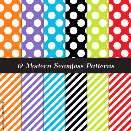 White Jumbo Polka Dots and Stripes Patterns in Blue, Purple, Orange, Red, Lime Green and Black. Perfect as Kids Monster Party or Halloween Decor Background. Pattern Tile Swatches included.