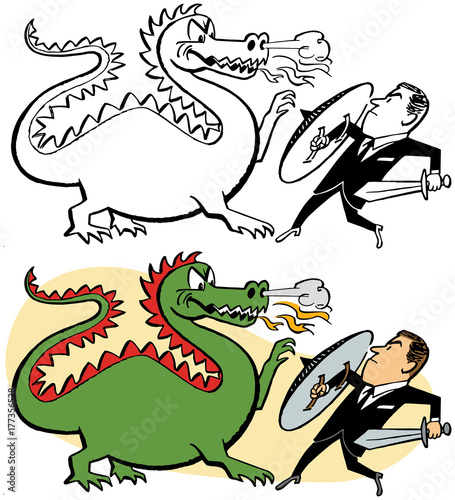 A businessman fights off a fire breathing dragon with a sword and shield