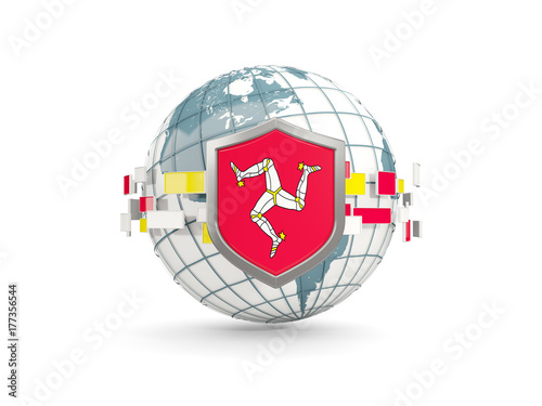 Globe and shield with flag of isle of man isolated on white