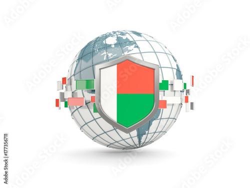 Globe and shield with flag of madagascar isolated on white
