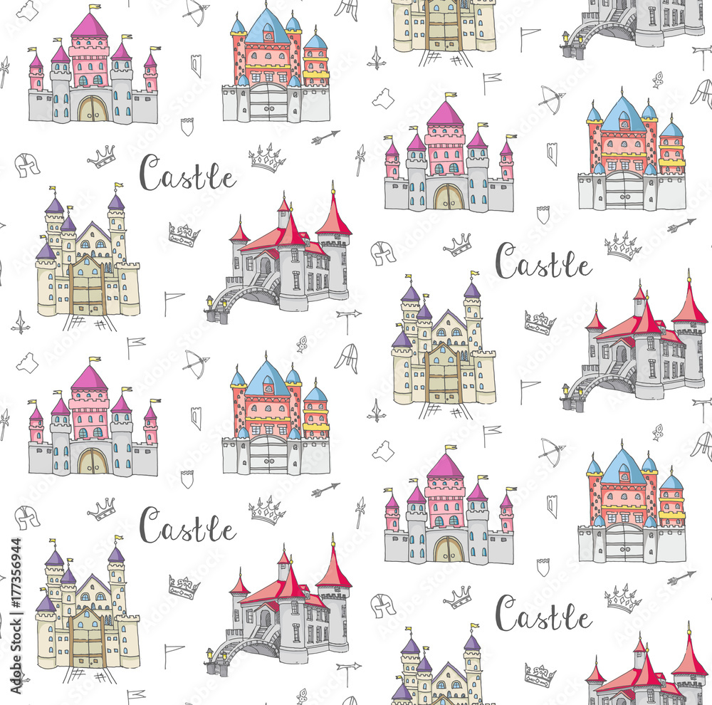 Seamless pattern with hand drawn cartoon fairy tale castle icons, castle doodle vector sketch with set of fairytale, game icons - crossbow, arrow, knight helmet, flag, crown
