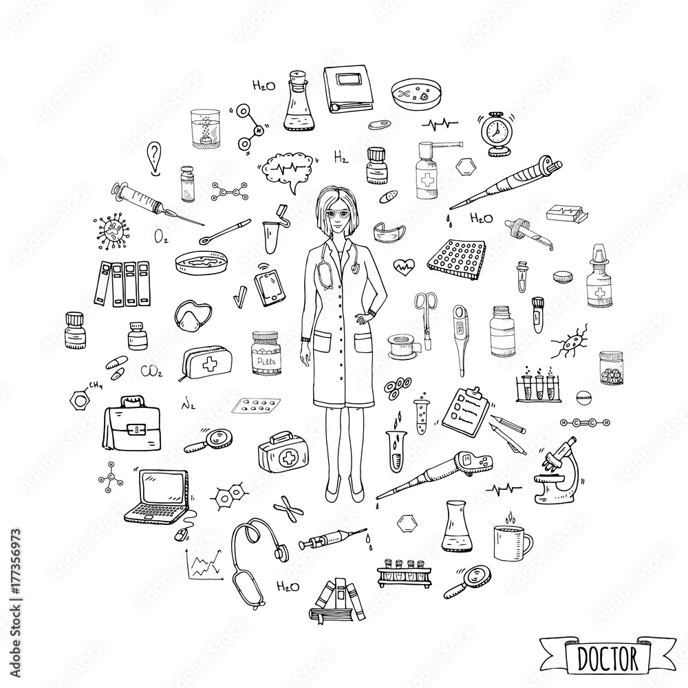 Hand drawn doodle Doctor icons set Vector illustration Sketch Nurses and medical staff. Medical hospital concept in cartoon design people character. Healthcare symbols collection: laboratory equipment Hand drawn doodle Doctor icons set Vector illustration Sketch Nurses and medical staff. Medical hospital concept in cartoon design people character. Healthcare symbols collection: laboratory equipment
