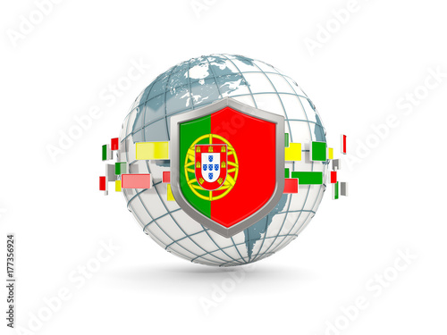 Globe and shield with flag of portugal isolated on white