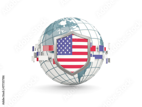 Globe and shield with flag of united states of america isolated on white