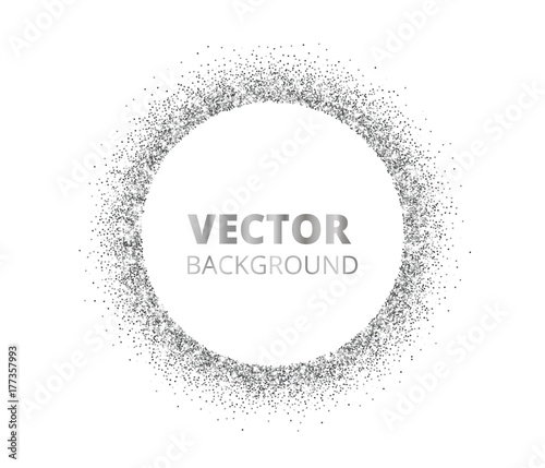 Festive silver sparkle background. Glitter border, circle spotted frame. Vector dust, diamonds on white.