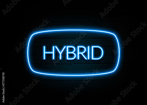 Hybrid  - colorful Neon Sign on brickwall photo