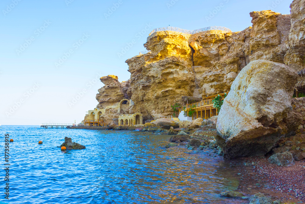 Panorama of the beach at the reef in Sharm el Sheikh, Egypt