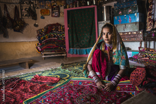 Young woman from Meghwal tribe showing handicraft