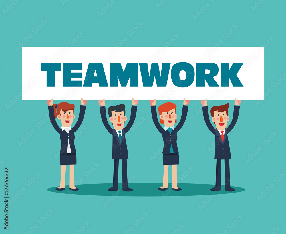 Successful, smiling, young, happy business man and business woman with a white placard. Communication, assistance, partnership, cooperation, collaboration and teamwork in business vector concept Successful, smiling, young, happy business man and business woman with a white placard. Communication, assistance, partnership, cooperation, collaboration and teamwork in business vector concept