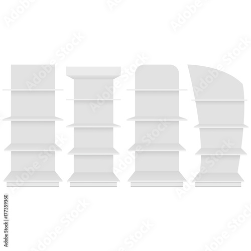 Blank empty showcase display with retail shelves. Vector mock up template ready for your design