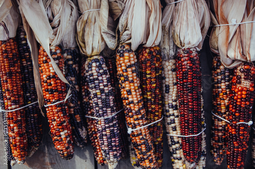 Indian corn bundles on a farm stand from above photo