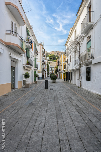 Typical empty street in old town of Ibiza  Balearic Islands  Spain. Morning light. Wide angle
