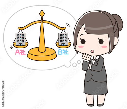 2つの会社を天秤にかける女性　全身　文字入り
