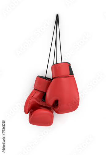 3d rendering of two red boxing gloves hanging on a long black string on a white background. © gearstd