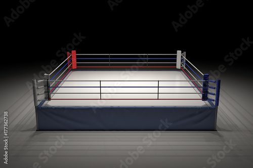 3d rendering of an empty boxing ring in the dark with its center spotlighted.