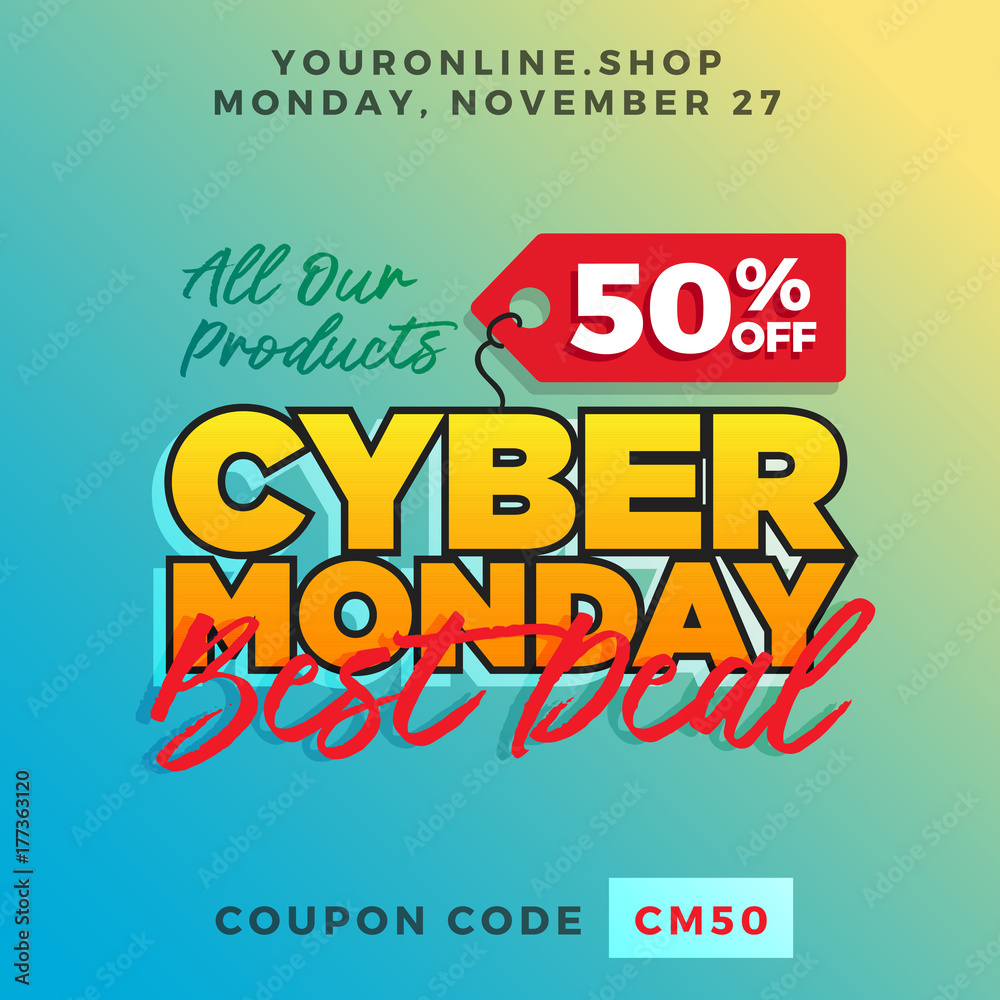 Cyber Monday Super Sale. Up to 50% off Big Sale Sidebar Banner, Poster, Sticker, Badge Advertising Promotion with Price Tag Label Element & Voucher Coupon Gift Code. Fresh Gradient Background Color