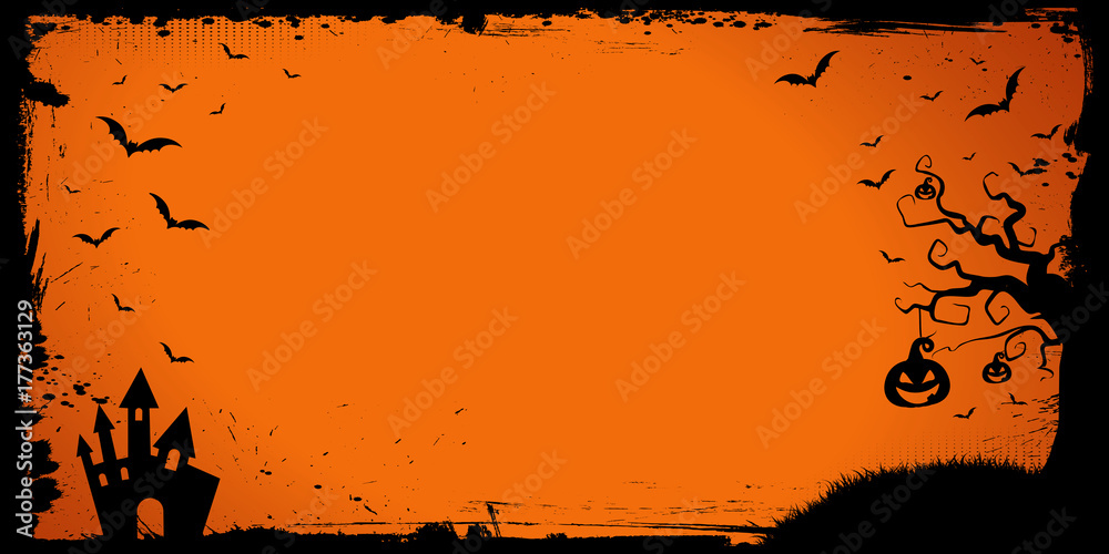 Halloween banner template with pumpkin, scary house, flying bat border