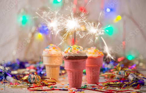 Party Ice Cream Cone Cupcakes with Sparklers photo