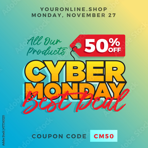 Cyber Monday Super Sale. Up to 50  off Big Sale Sidebar Banner  Poster  Sticker  Badge Advertising Promotion with Price Tag Label Element   Voucher Coupon Gift Code. Fresh Gradient Background Color