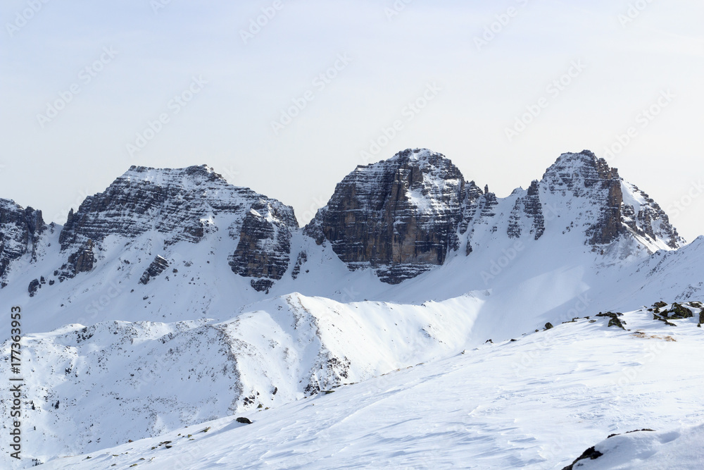 Mountain panorama with snow and blue sky in winter in Stubai Alps, Austria