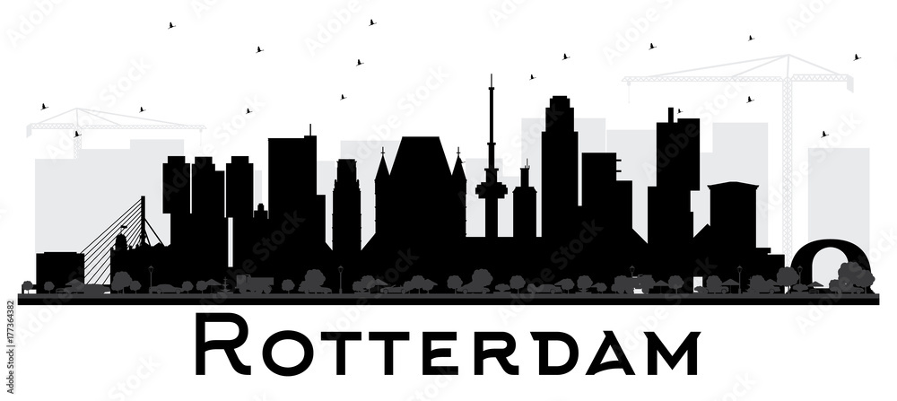 Rotterdam Netherlands skyline black and white silhouette.