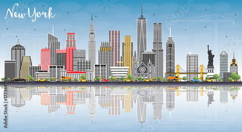New York USA Skyline with Gray Buildings, Blue Sky and Reflections.