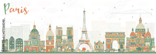Paris Skyline with Color Landmarks.