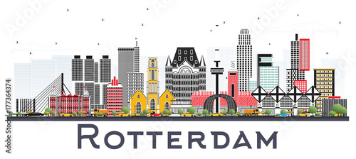 Rotterdam Netherlands Skyline with Gray Buildings Isolated on White Background.