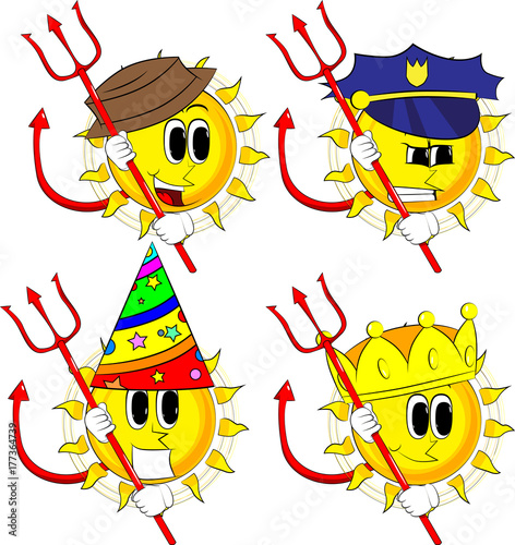 Cartoon devil sun with pitchfork. Collection with costume. Expressions vector set.