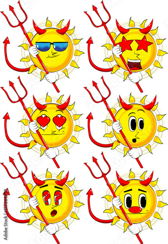 Cartoon devil sun with pitchfork. Collection with various facial expressions. Vector set.