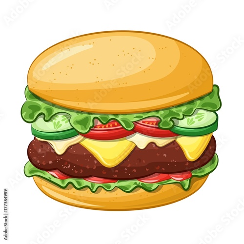 Cartoon hamburger, colorful illustration isolated on white background. Delicious retro food design.
