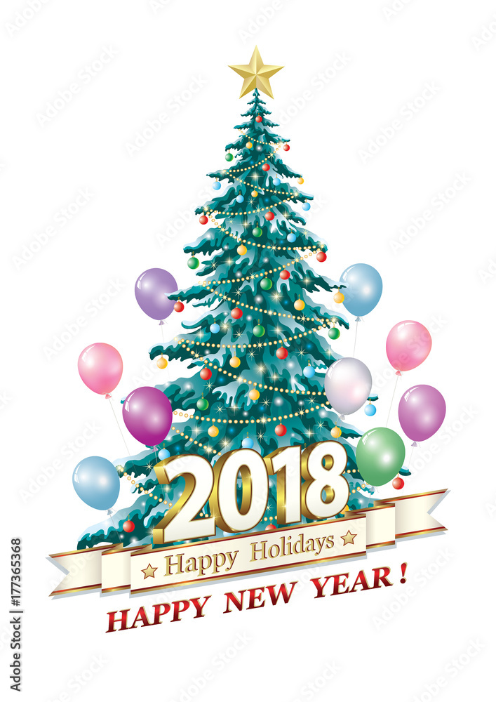 Happy New Year 2018. Christmas tree with balloons Happy New Year 2018. Christmas tree with balloons