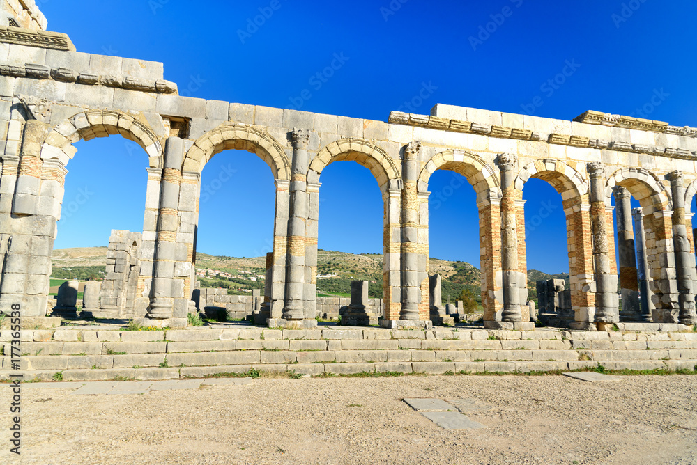 Basilica in Roman ruins, ancient Roman city of Volubilis. Morocco